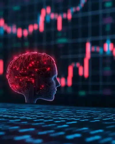 Un cerebro compuesto por circuitos electrónicos brillantes en rojo, situados frente a un fondo de gráficos financieros digitales con velas japonesas.