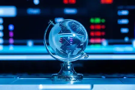 Globo terráqueo de cristal sobre un teclado de laptop con datos financieros de fondo, simbolizando el acceso a los mercados globales