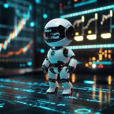 Un pequeño robot blanco de aspecto futurista permanece de pie sobre un suelo de circuitos integrados brillantes. Al fondo, se aprecian pantallas digitales con gráficos financieros de velas y datos tecnológicos