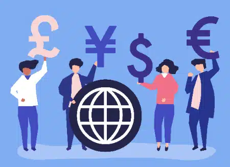 un grupo de personas representadas en un estilo minimalista sosteniendo símbolos de diversas monedas globales