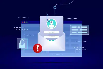 ataque de phishing, mostrando un anzuelo de pesca que captura un formulario de inicio de sesión con campos de "username" y "password"