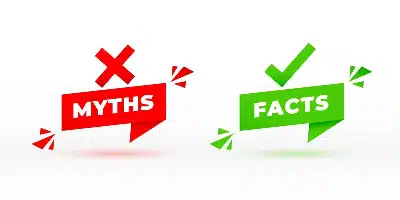 diseño gráfico comparativo dividido en dos etiquetas de estilo bocadillo: una roja a la izquierda con la palabra "MYTHS" bajo una gran "X", y una verde a la derecha con la palabra "FACTS" bajo una marca de verificación.