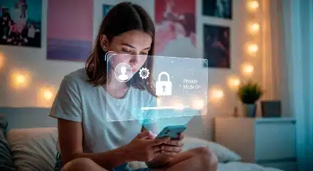 Una joven utiliza su teléfono móvil en una habitación acogedora mientras frente a ella flota una interfaz digital de seguridad que indica "Private Mode On" junto a un icono de candado.