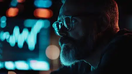 primer plano cinematográfico de un hombre maduro con barba canosa y gafas, cuya mirada está fija con total atención en los mercados financieros