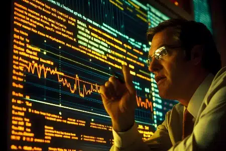 hombre con gafas analizando datos financieros en una pantalla de computadora de gran tamaño. La pantalla está llena de gráficos de líneas, tablas y columnas de texto técnico, todo iluminado en tonos amarillos y verdes neón que se reflejan en su rostro.