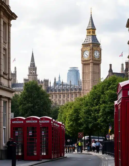 Una calle de Londres con una fila de cabinas telefónicas rojas en primer plano y la torre del Big Ben al fondo.