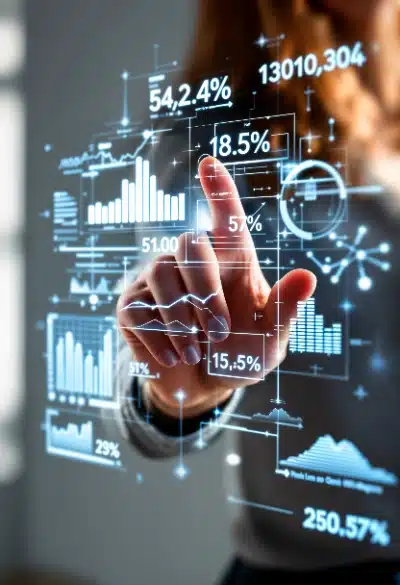 persona interactuando con una interfaz holográfica avanzada que flota en el aire. El panel digital presenta una gran variedad de datos estadísticos, gráficos de barras, porcentajes y cifras financieras en tiempo real.