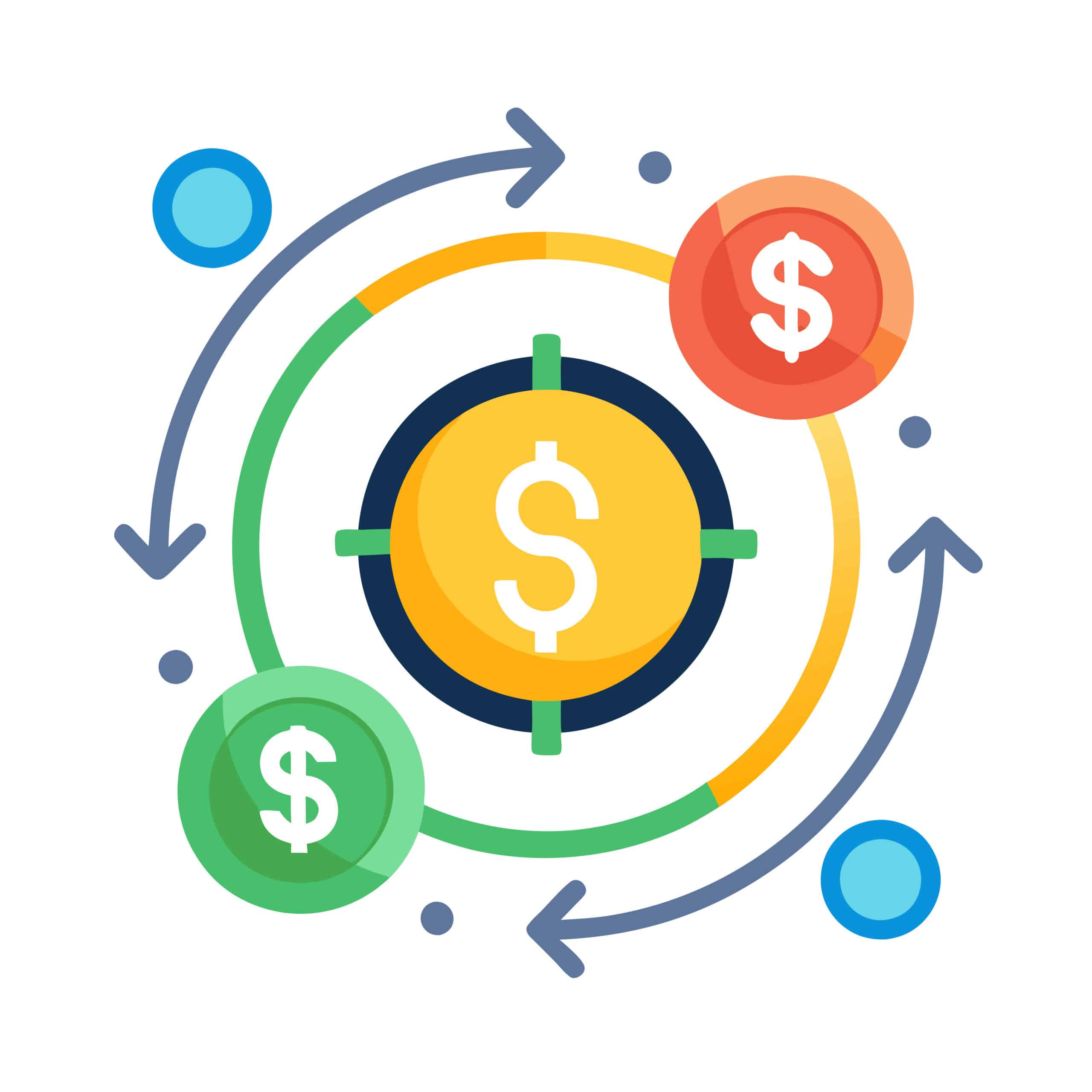 Ilustración vectorial plana sobre fondo blanco que muestra un flujo financiero con monedas de dólar y flechas circulares.