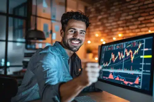Un broker financiero sonriente muestra su puño cerrado en señal de éxito frente a un monitor que despliega gráficos de velas japonesas y tendencias del mercado