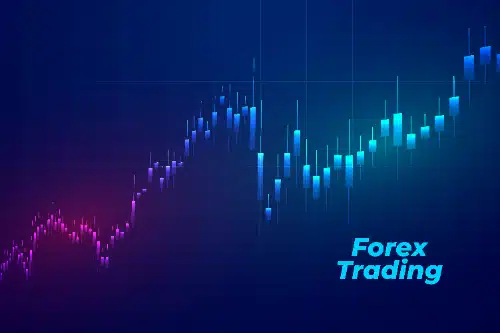 se muestra un gráfico de velas financieras que asciende de izquierda a derecha sobre un fondo azul oscuro con cuadrícula, acompañado por el texto "Forex Trading" en la esquina inferior derecha.