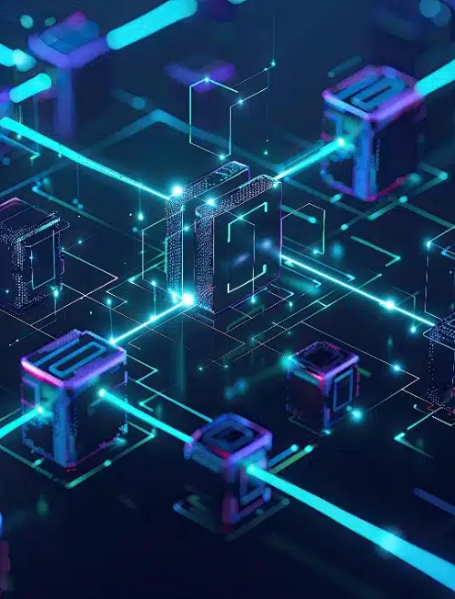 Varios bloques tridimensionales de aspecto tecnológico están conectados entre sí por líneas de luz azul brillante.