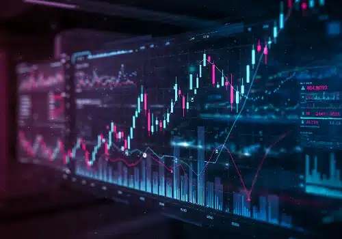 Una pantalla digital con gráficos financieros de velas en tonos azules y rosas neón que muestran una clara tendencia alcista