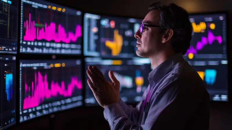 Un analista financiero con gafas junta las manos pensativo mientras observa de cerca una pared de monitores con gráficos de datos rosados y amarillos.