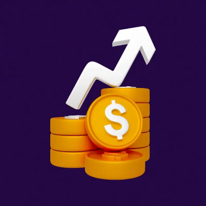 Ilustración 3D de pilas de monedas doradas con el signo de dólar y una flecha blanca apuntando hacia arriba sobre un fondo morado.