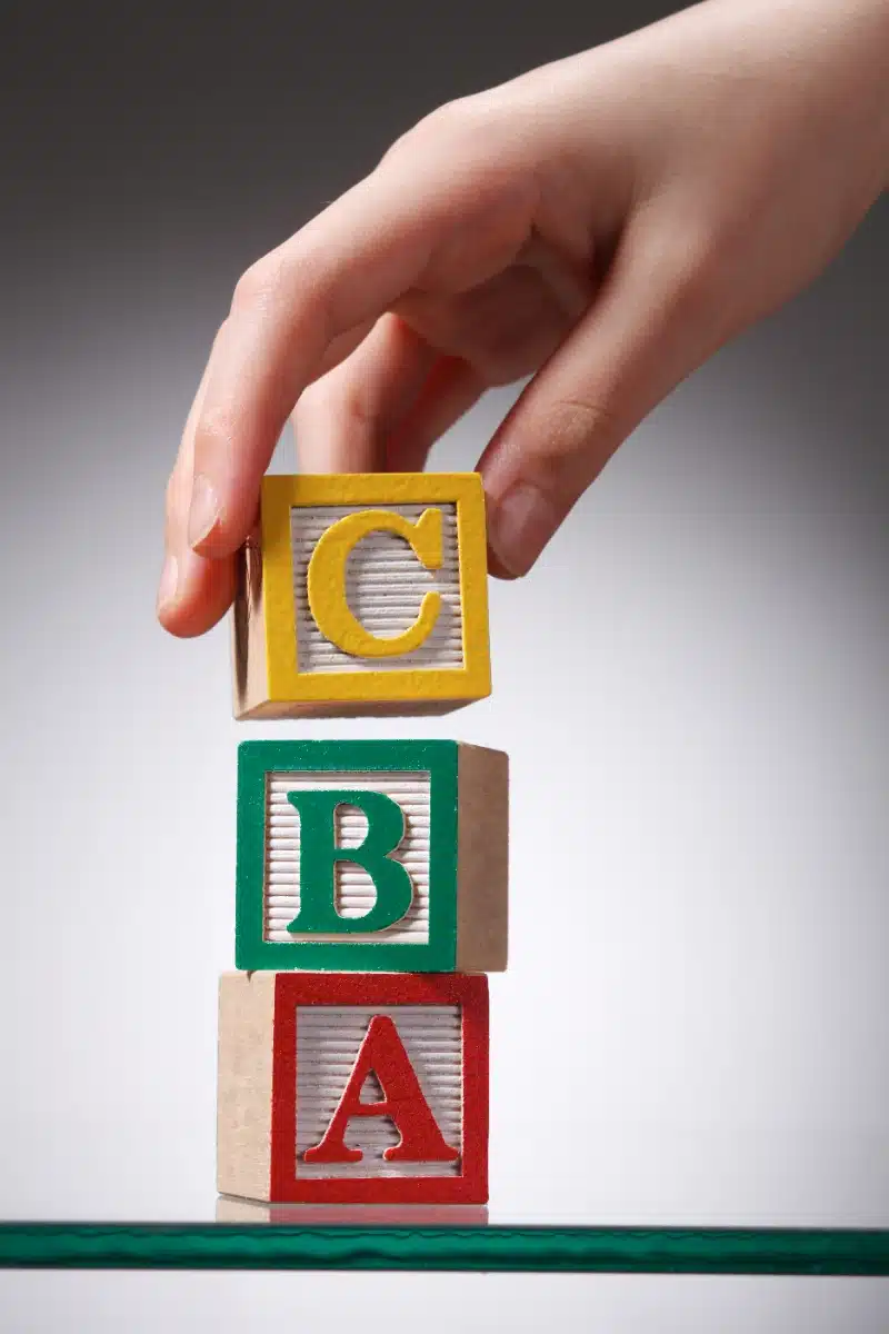 Mano colocando el cubo de madera con la letra C sobre una torre con los bloques B y A.