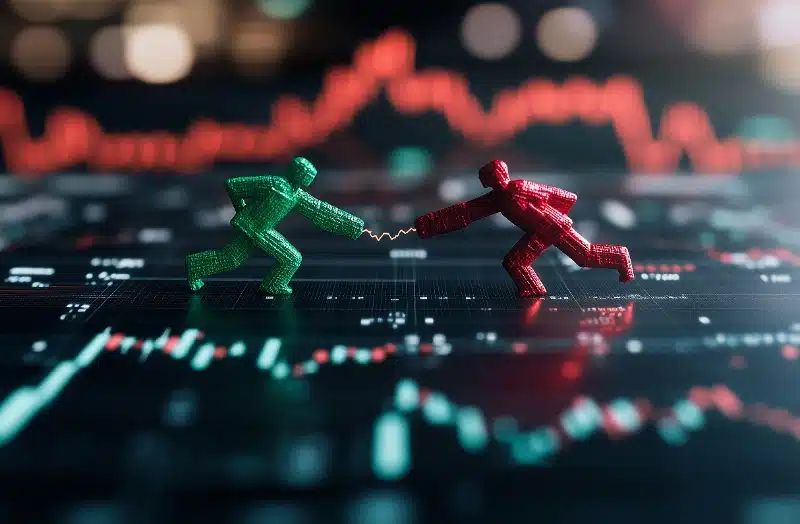 Figuras estilizadas en rojo y verde enfrentadas sobre una pantalla con gráficos bursátiles, representando la competencia de mercado y la tensión entre fuerzas alcistas y bajistas